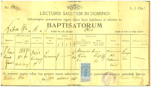 Baptisatorum - Rácz Lajos, 1920.10.19
