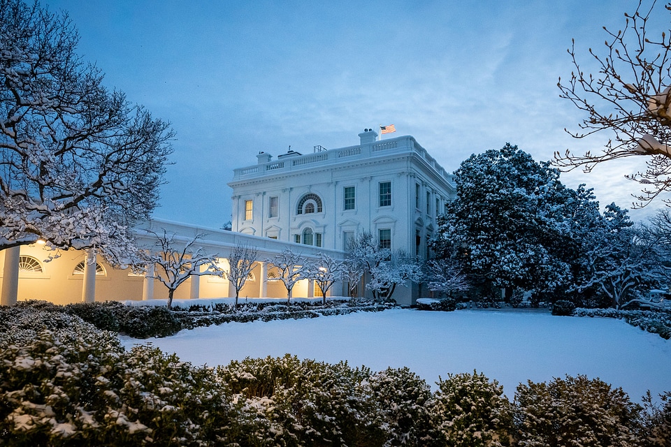 The Rose Garden of the White House is seen covered in snow