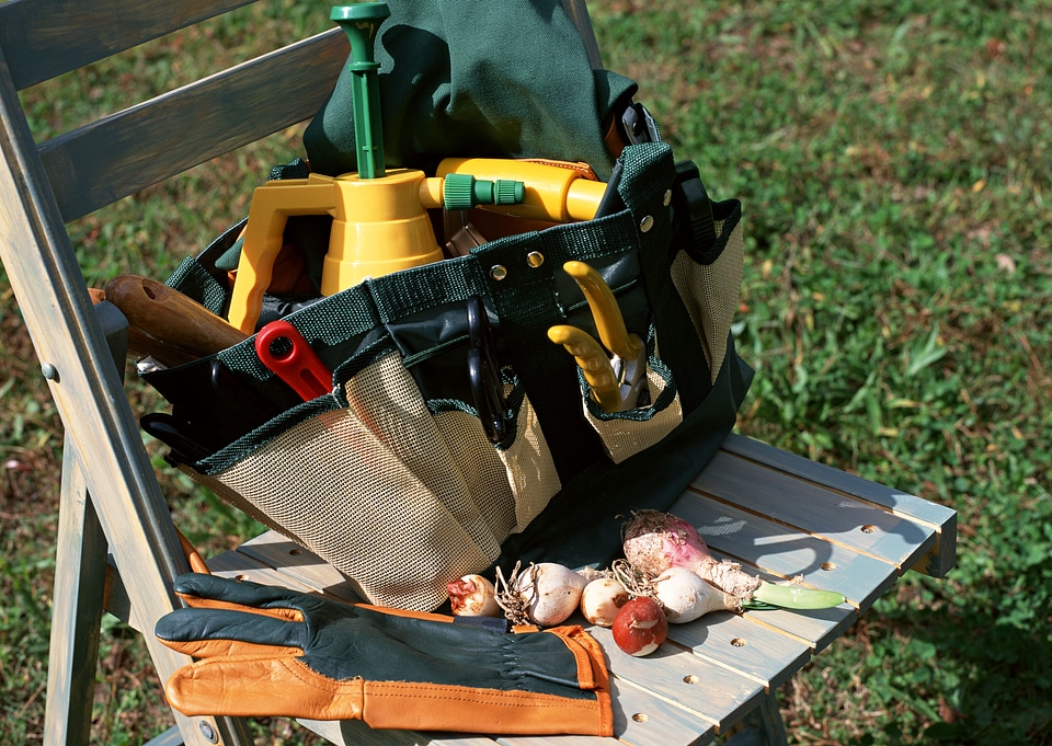 Garden tools on green grass background