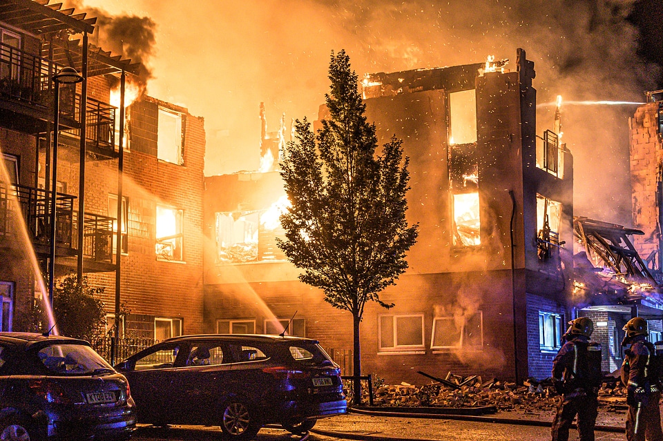 Burning building in thick smoke