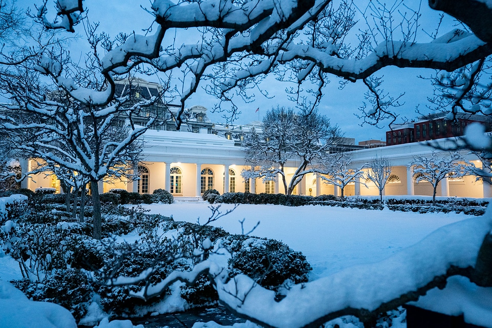 The Rose Garden of the White House is seen covered in snow