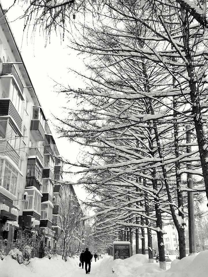 Snow covered winter street scene with old buildings