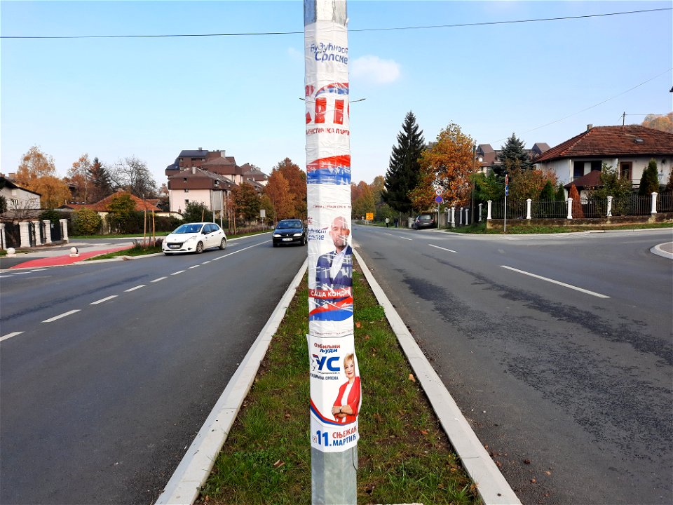 Posters on lamppost with candidates for councilors of Banja Luka's city assembly on East transit (Istočni tranzit) (2)