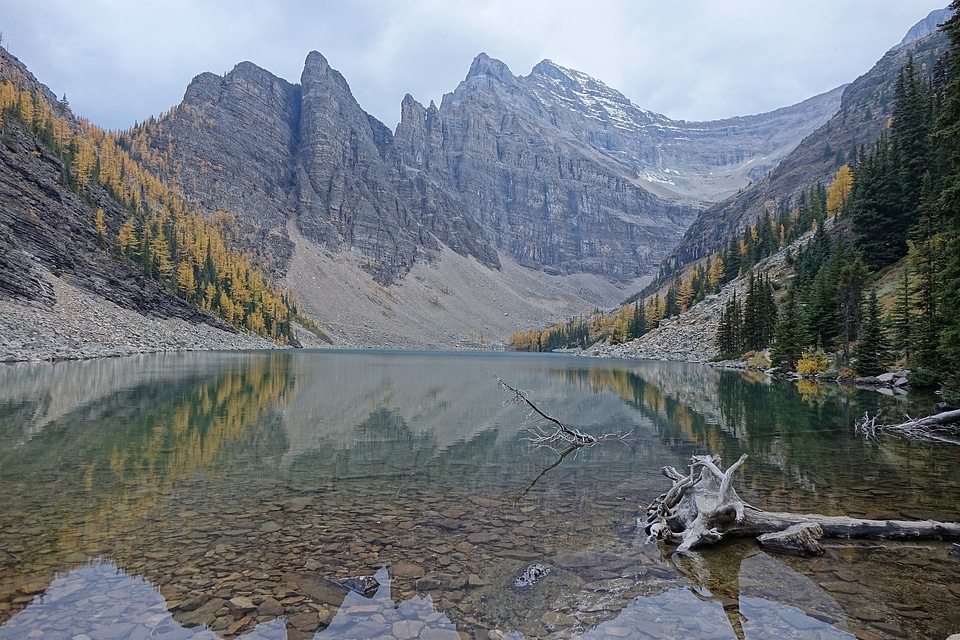 Big Beehive mountain glaciers in Agnes Lake in Banff