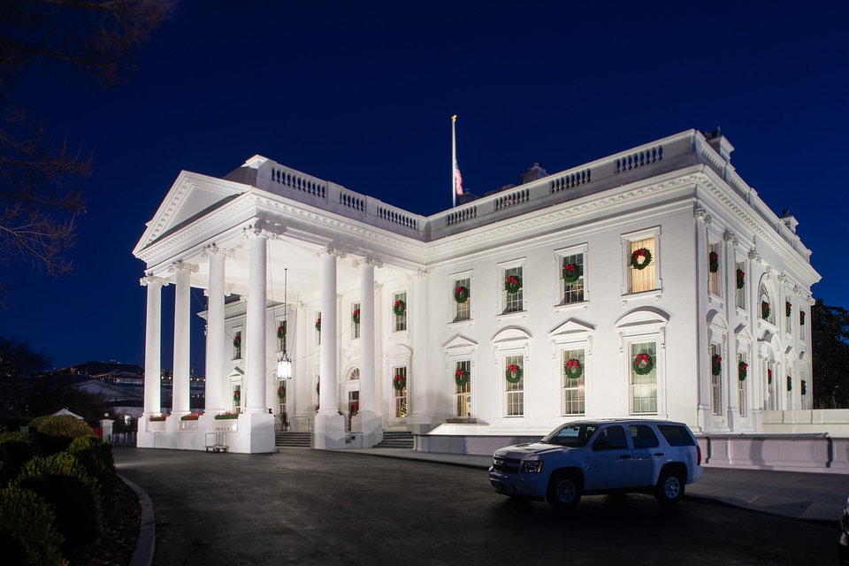 The White House at night with Christmas lighting
