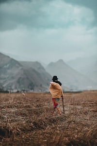 a young lady walking with her Alpacas in the valley