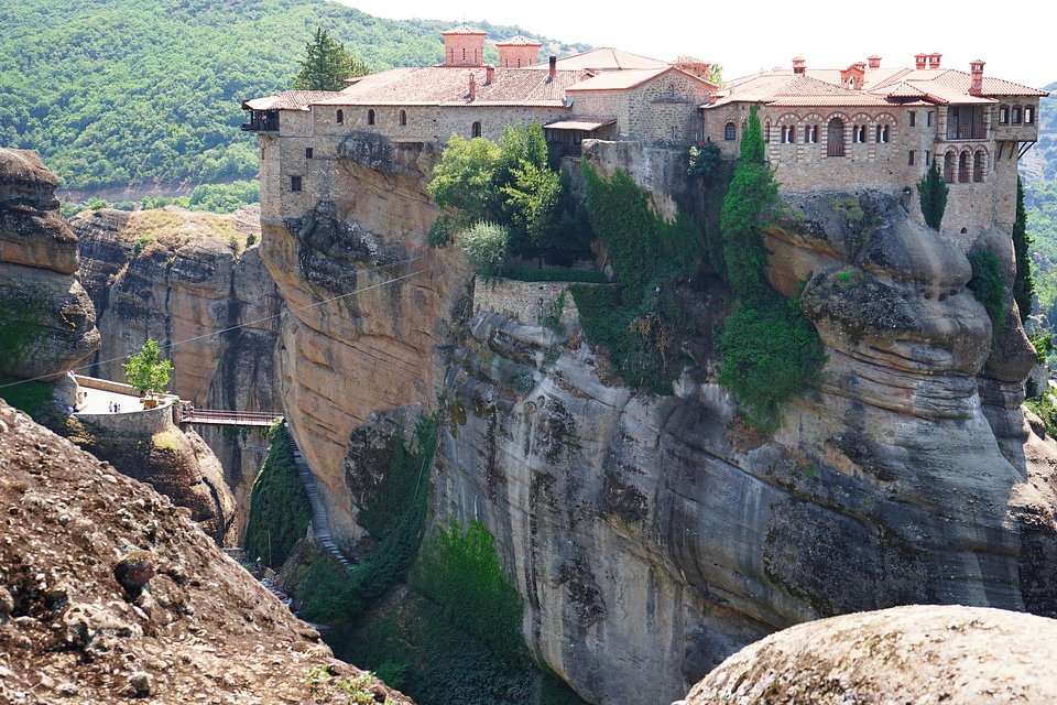 Mysterious hanging over rocks monasteries of Meteora, Greece photo