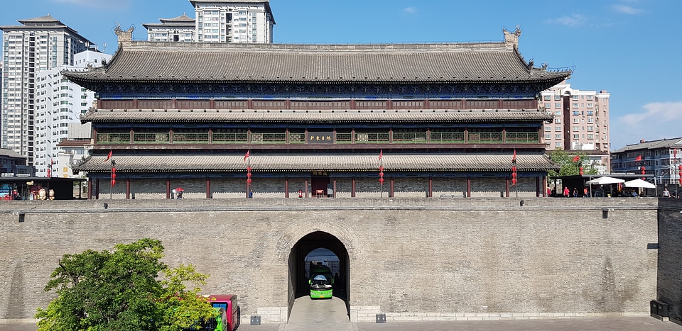 beautiful xian city wall and ancient tower at dusk , China