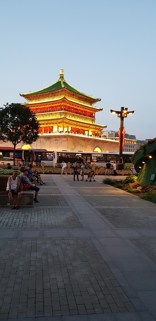 beautiful xian city wall and ancient tower at dusk , China