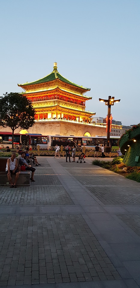 beautiful xian city wall and ancient tower at dusk , China