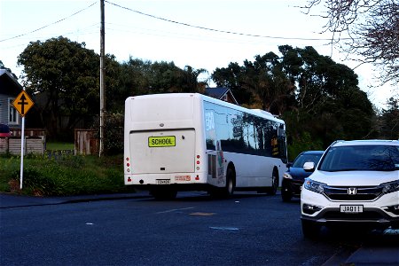 Back of school bus driving away, Ngāmotu New Plymouth, Taranaki, New Zealand