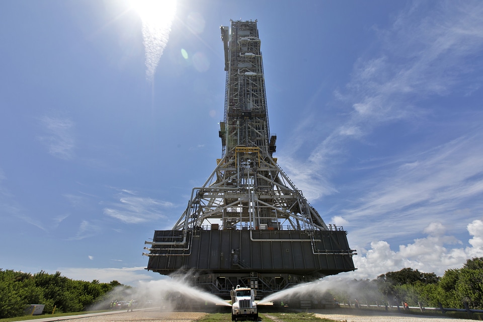 A truck sprays water