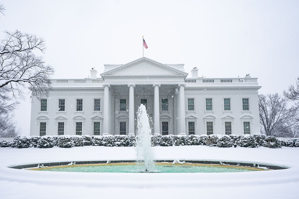 The north side of the White House is seen covered in snow