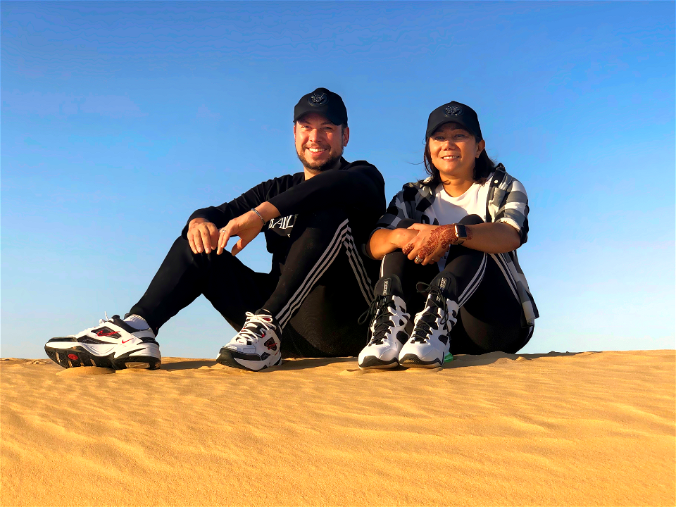 Stephan Tual and his wife in the Dubai desert, UAE - circa 2020