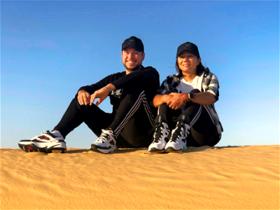 Stephan Tual and his wife in the Dubai desert, UAE - circa 2020