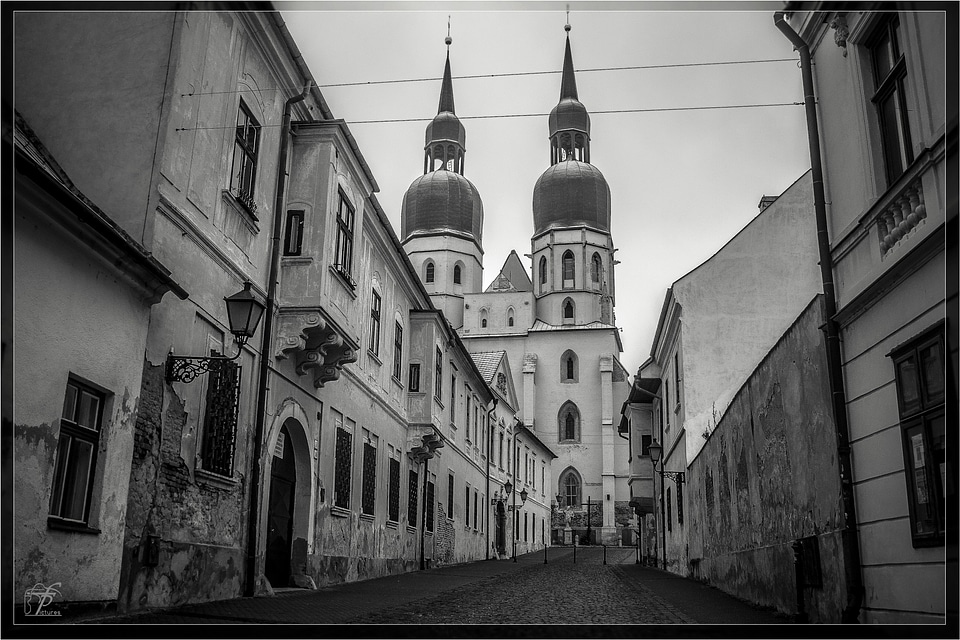 Black and white town architecture