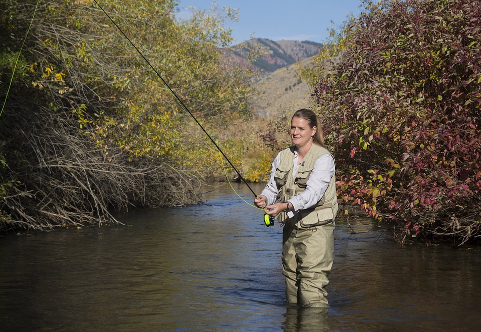 Woman flyfisher standing in river