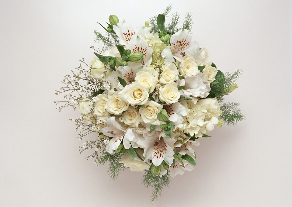 Bouquet of roses and white lilies on white