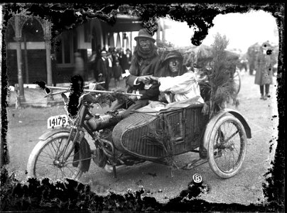 B & B (Bennett & Barkell) motorcycle and sidecar with rider and passenger, [1916]