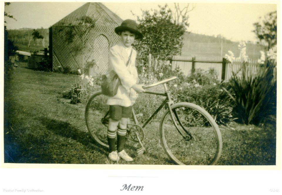 Mem Foster with bicycle, [n.d.]