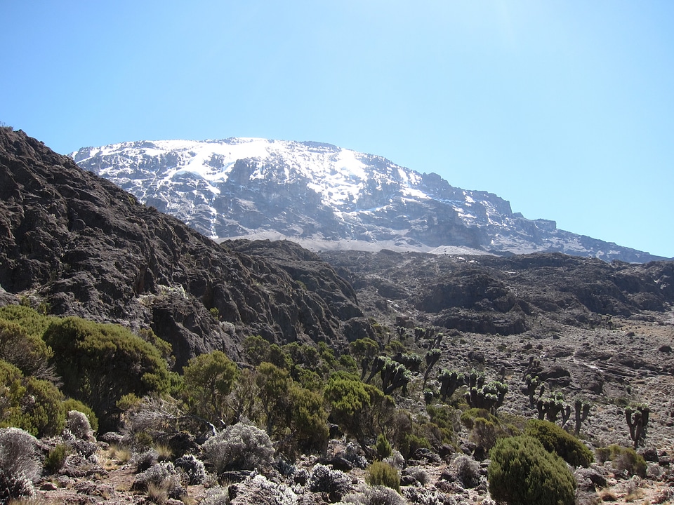 Kilimanjaro mountain Tanzania snow capped under cloudy blue skies photo