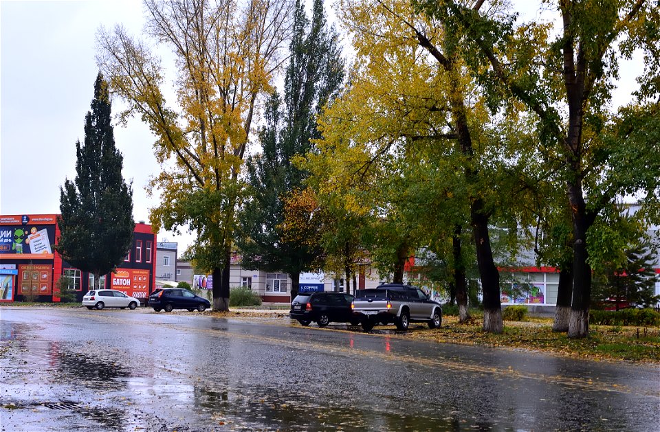 city streets on a rainy autumn day photo