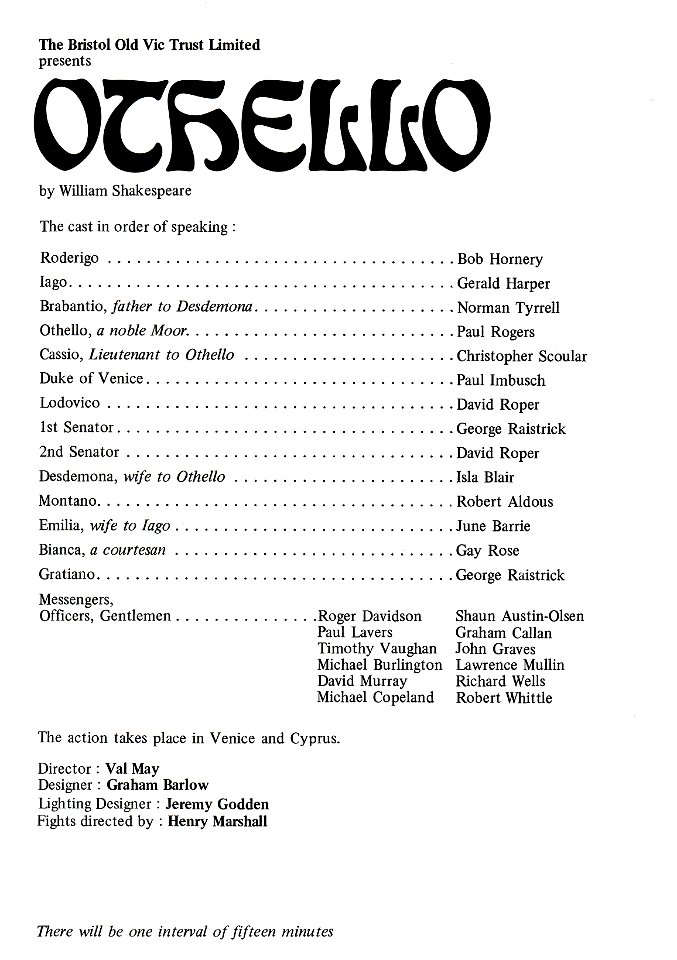 Bristol Old Vic, March/April 1974