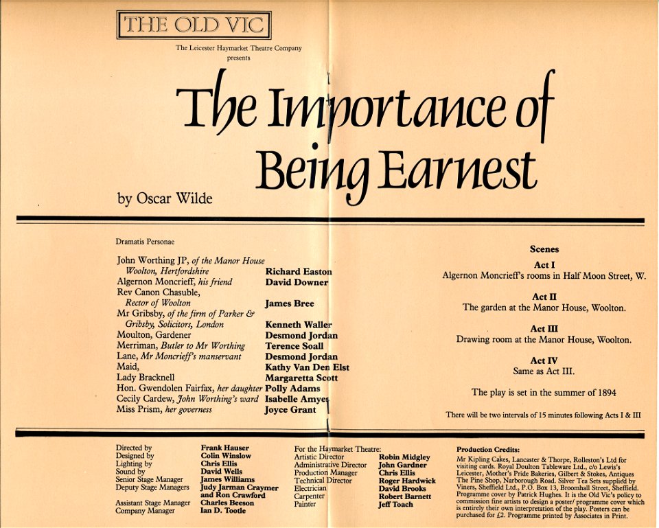 The Importance of Being Earnest: Old Vic (London), October 1980