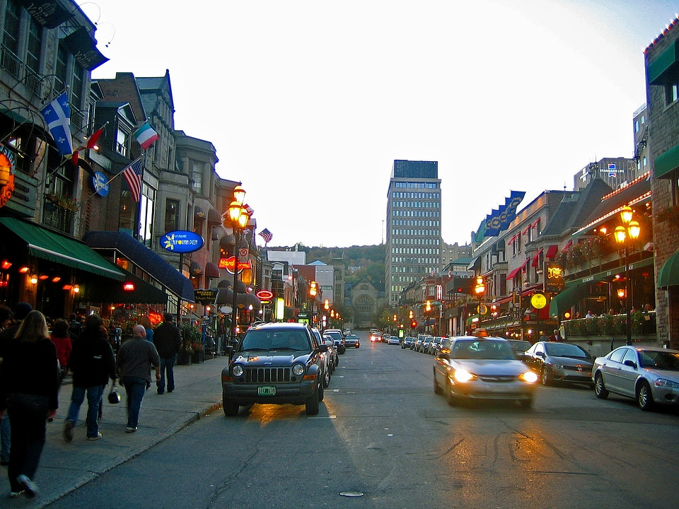 downtown Crescent Street with Mount Royal