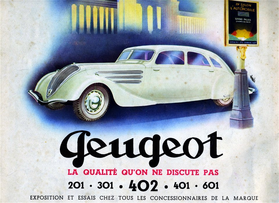 Publicité automobiles Peugeot gamme années trente