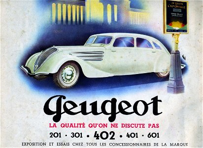 Publicité automobiles Peugeot gamme années trente photo