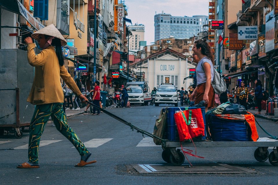View of a busy street on a weekday in Hanoi, Vietnam