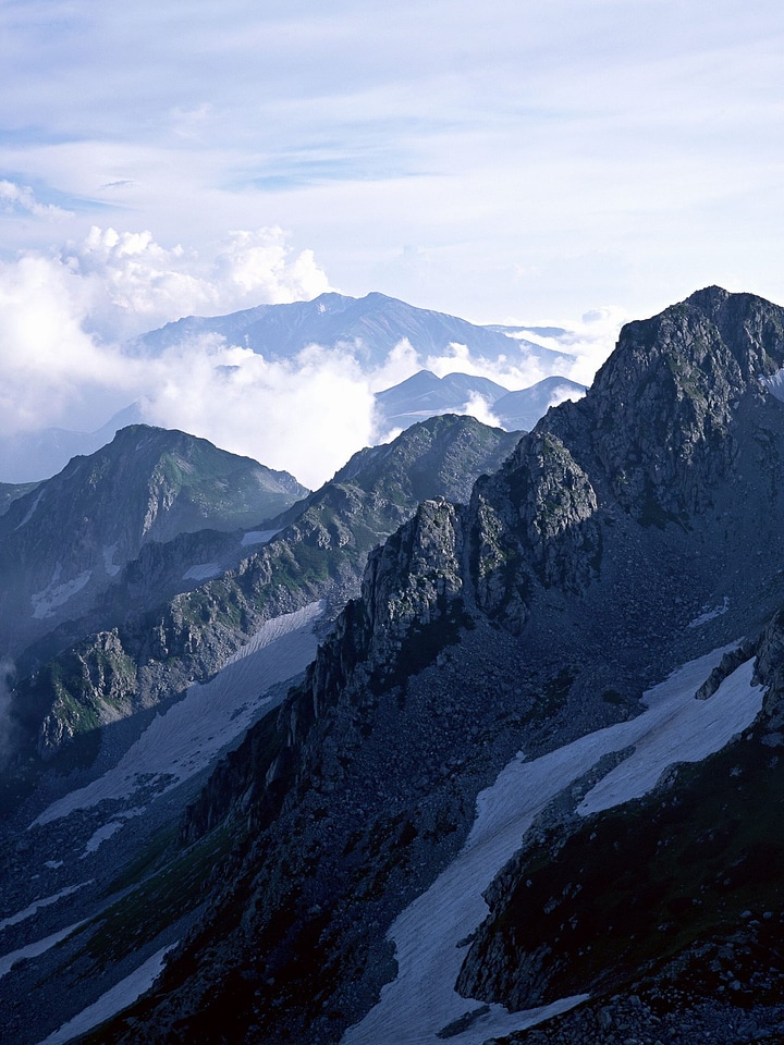 Beautiful snow-capped mountains against the blue sky photo