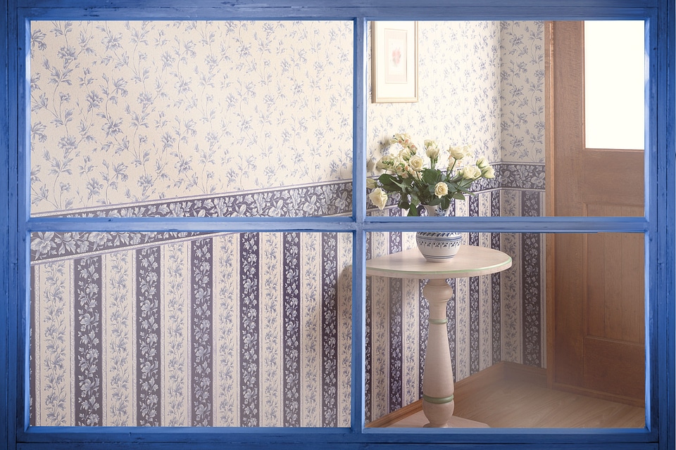 wooden blue painted window into vase