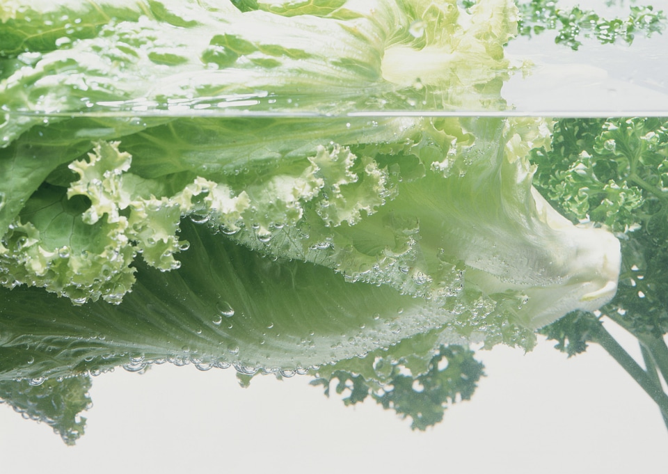 lettuce falls under water with a splash.