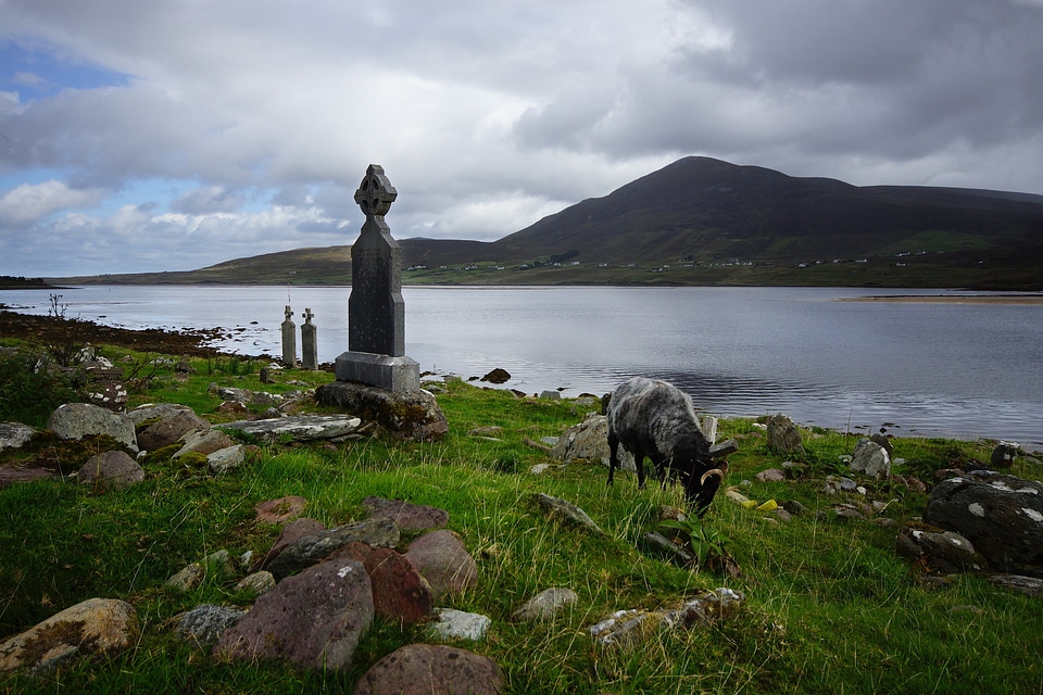 Irish Landscape with hills and green fields and sea and blue sky