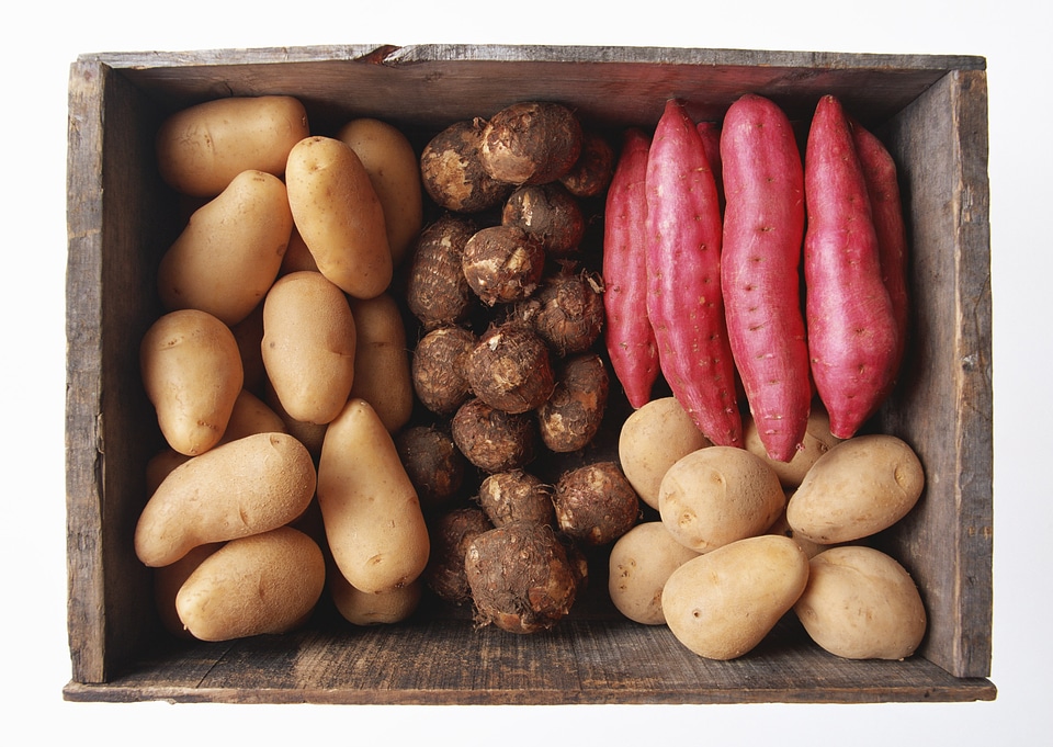 A variety of raw potatoes sweet potato and taro in wooden box