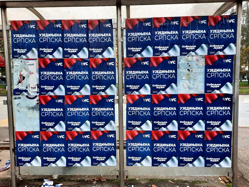 Bus stop with some posters of Ujedinjena Srpska in Banja Luka 2020