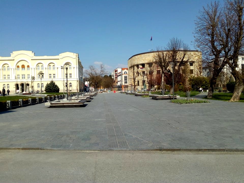 Empty pedestrian zone near Cultural center Banski dvor and President's palace in the center of Banja Luka because of Coronavirus time