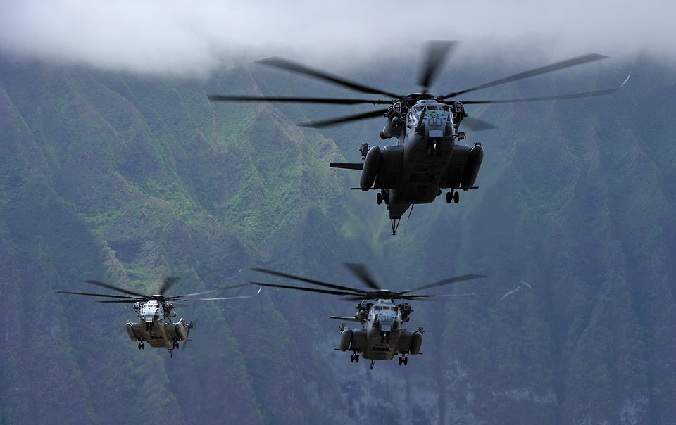 Three Marine CH-53E Super Stallion helicopters