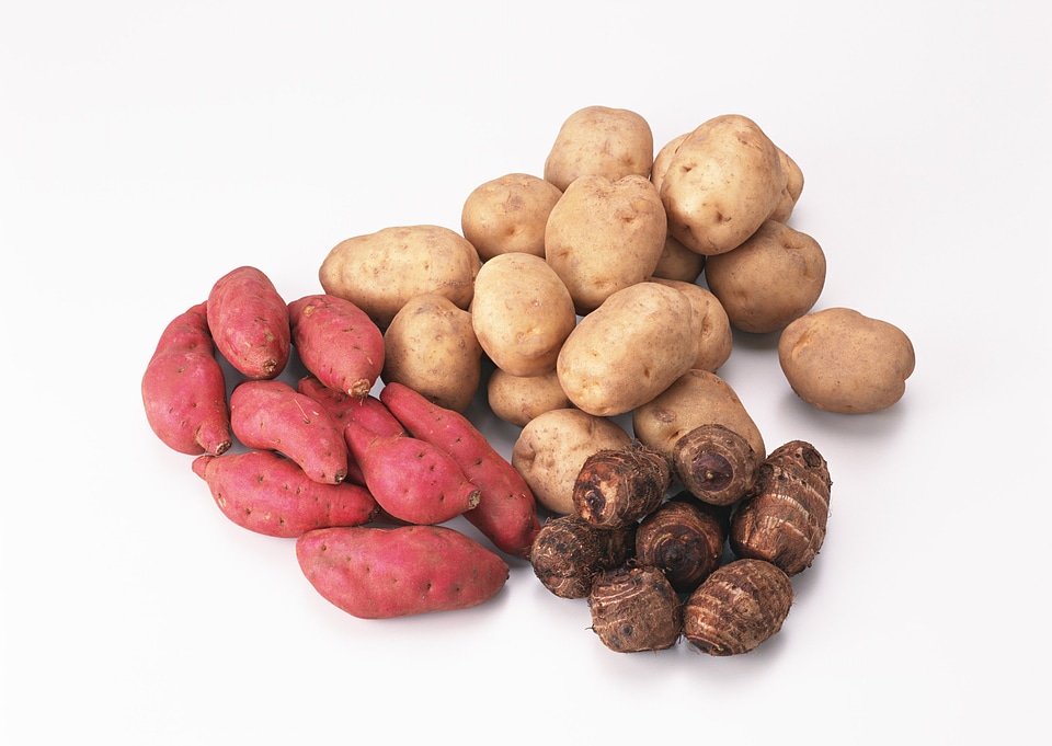 Lots of potatoes,taro, and red and golden sweet potatoes