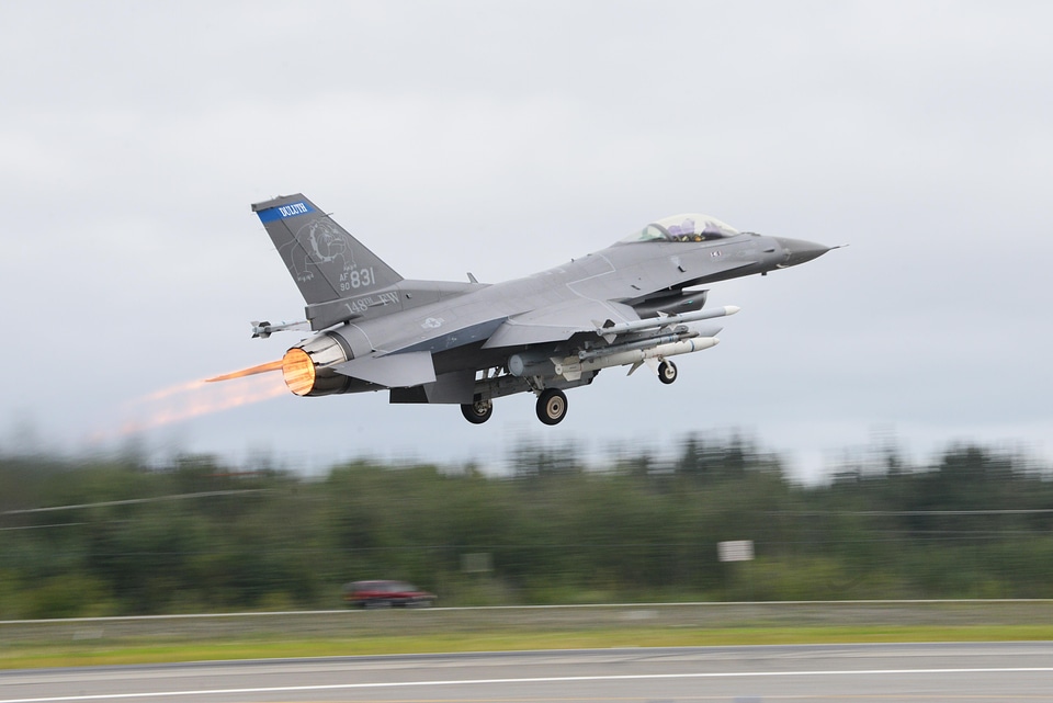 An F-16 Fighting Falcon takes off