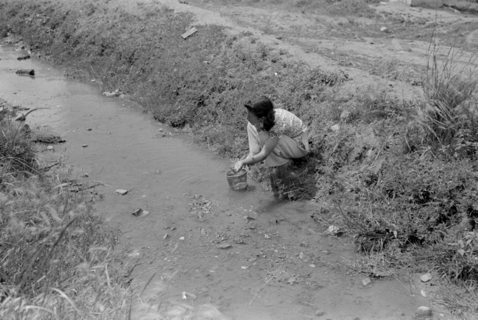 Woman washing in irrigation ditch, Chamisal, New Mexico