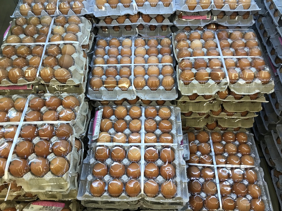 Close up view of arranged carton egg boxes
