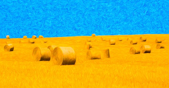bale of rolled straw with clear sky-pastel painting
