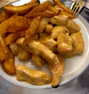 Chicken strips with country potato's and cream sauce - everything home made! photo