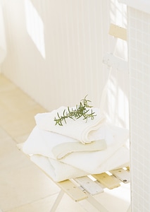 Branches of rosemary and white towels on chair photo