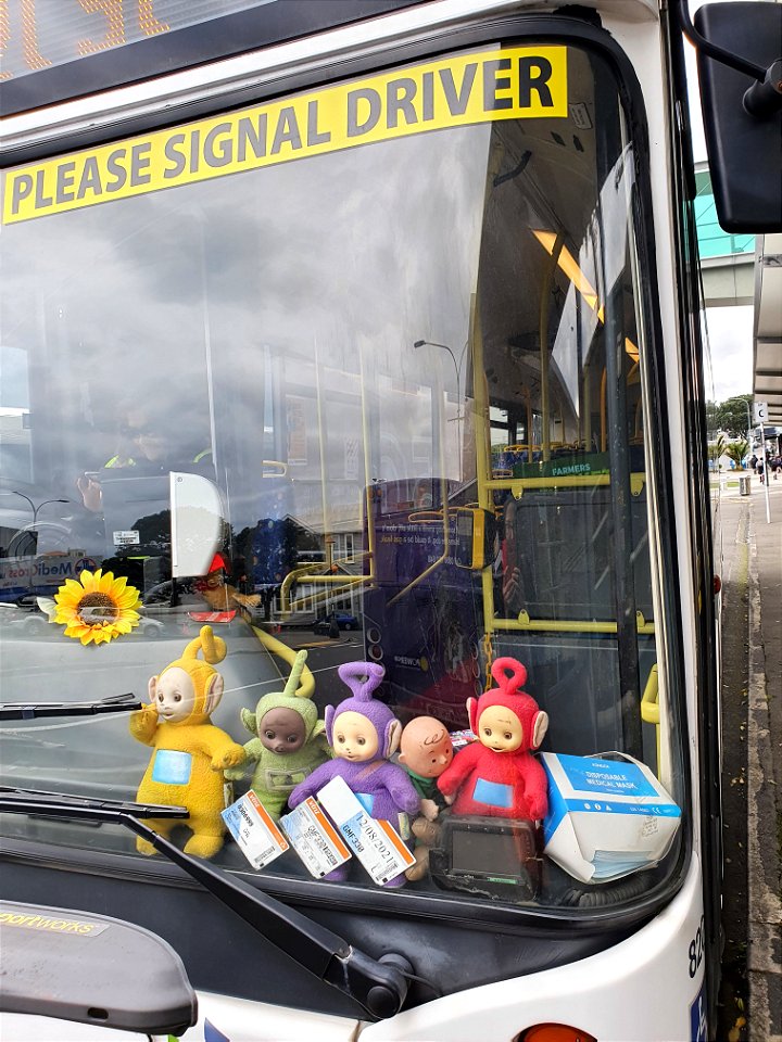 Cheerful display of toys in a Citylink bus front window, Ngāmotu New Plymouth, Taranaki, New Zealand