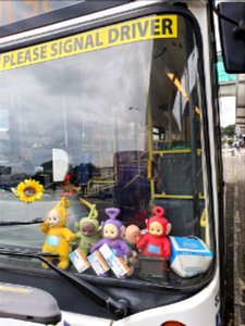 Cheerful display of toys in a Citylink bus front window, Ngāmotu New Plymouth, Taranaki, New Zealand photo