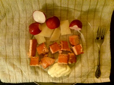 Salmon, cheese, and radishes photo